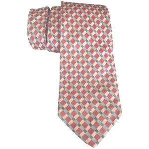 Robert Talbott Coral Cream Blue Gray Basket-Weave Print Handsewn Silk Ne…